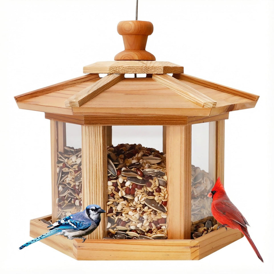 Solution4Patio cedar hexagon bird feeder exterior view showing durable outdoor cedar