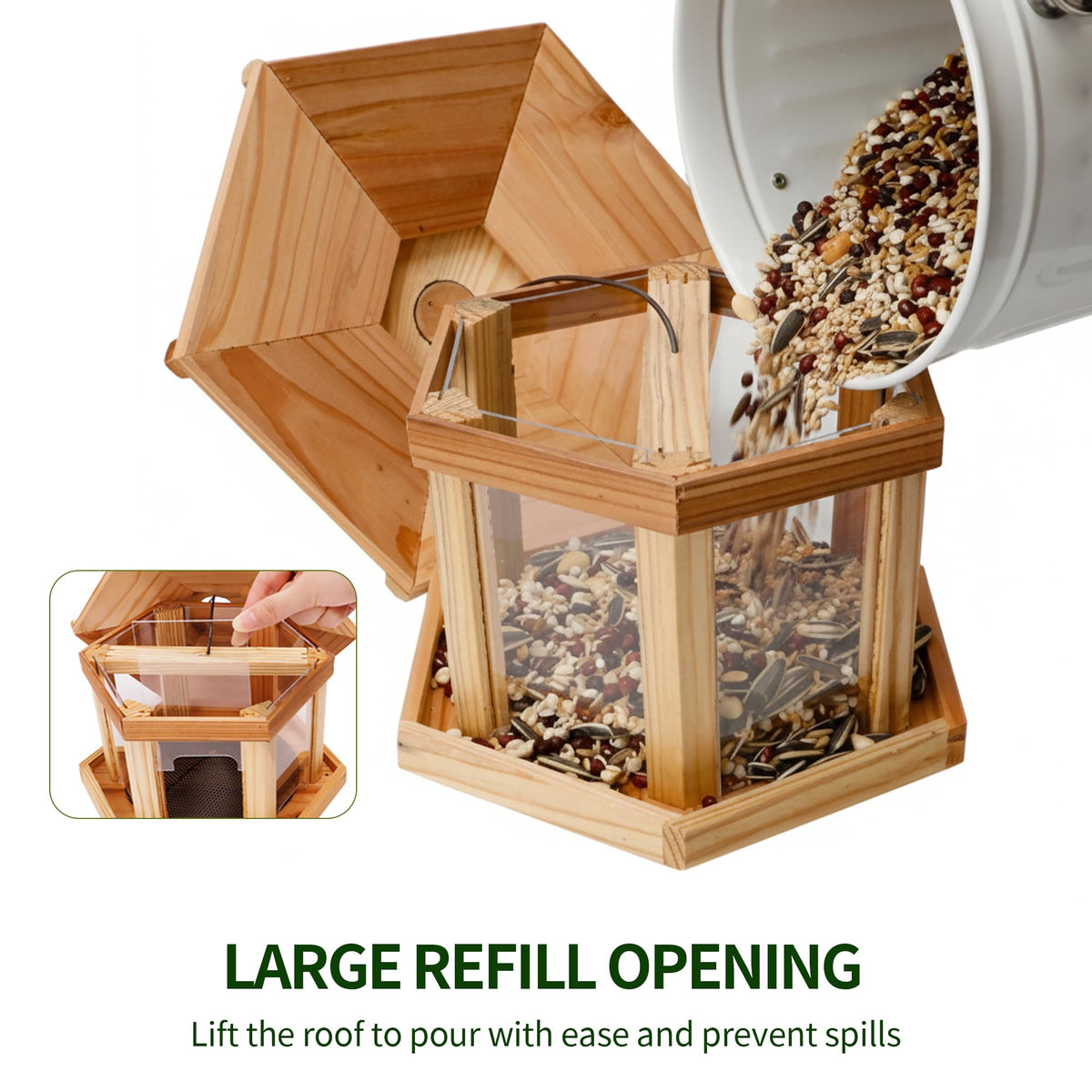 Solution4Patio cedar finish on hexagon gazebo style feeder for outdoor use