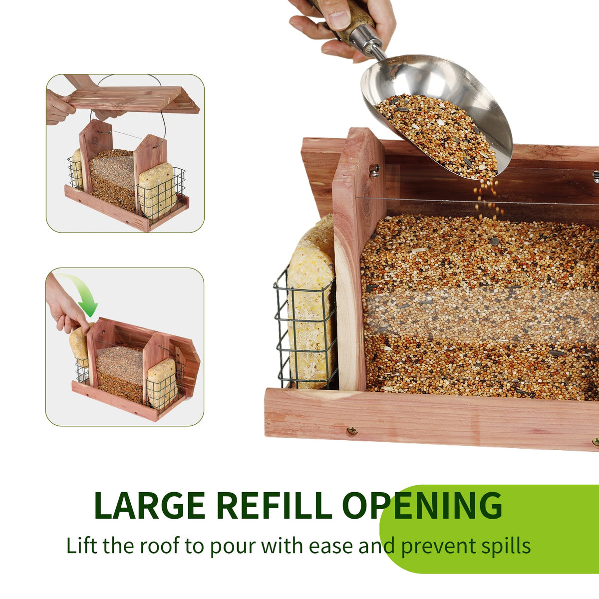 Solution4Patio cedar hopper feeder 360° feeding for social birds.