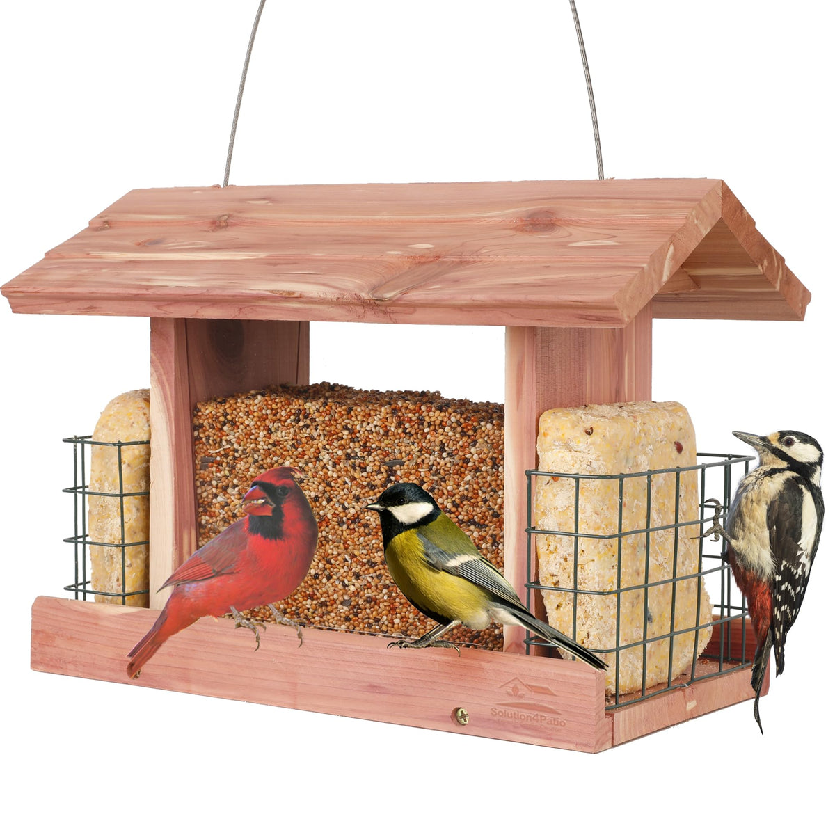 Solution4Patio cedar hopper feeder exterior offers durable feeding for backyard birds.