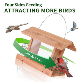 Solution4Patio cedar hopper feeder squirrel-proof design protects seeds from intruders.