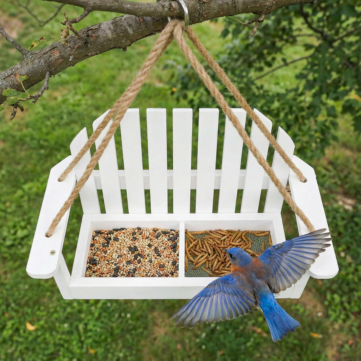 Solution4Patio Elevated bench feeder attracts cardinals and finches with open sightlines.