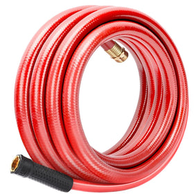 Solution4Patio Leader red garden hose 25ft coil for easy storage and smooth handling.