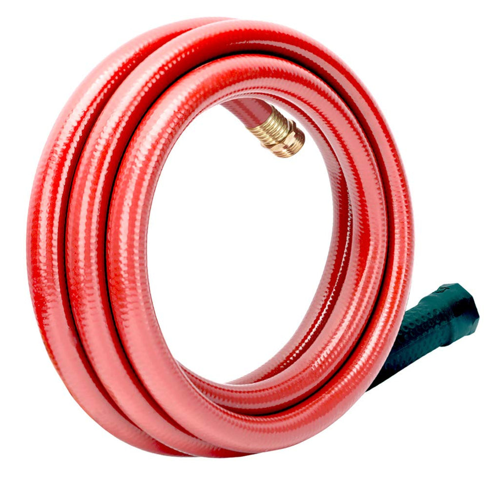 Solution4Patio red hose coiled for compact storage and easy handling.