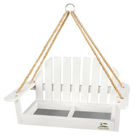 Solution4Patio White Swing Bird Feeder front view with bench design for easy viewing.