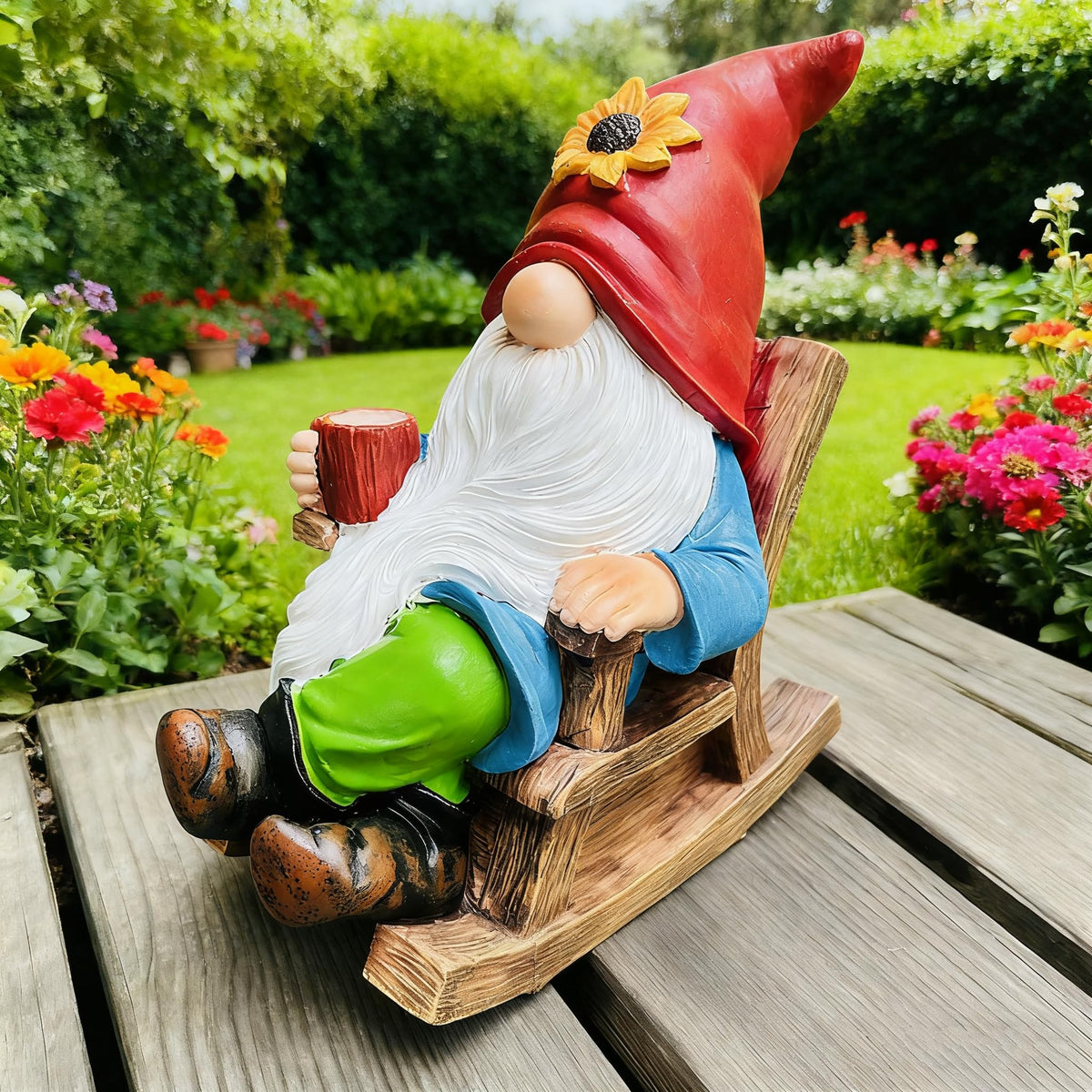 Somdzono gnome on rocking chair enhances a cozy patio scene.