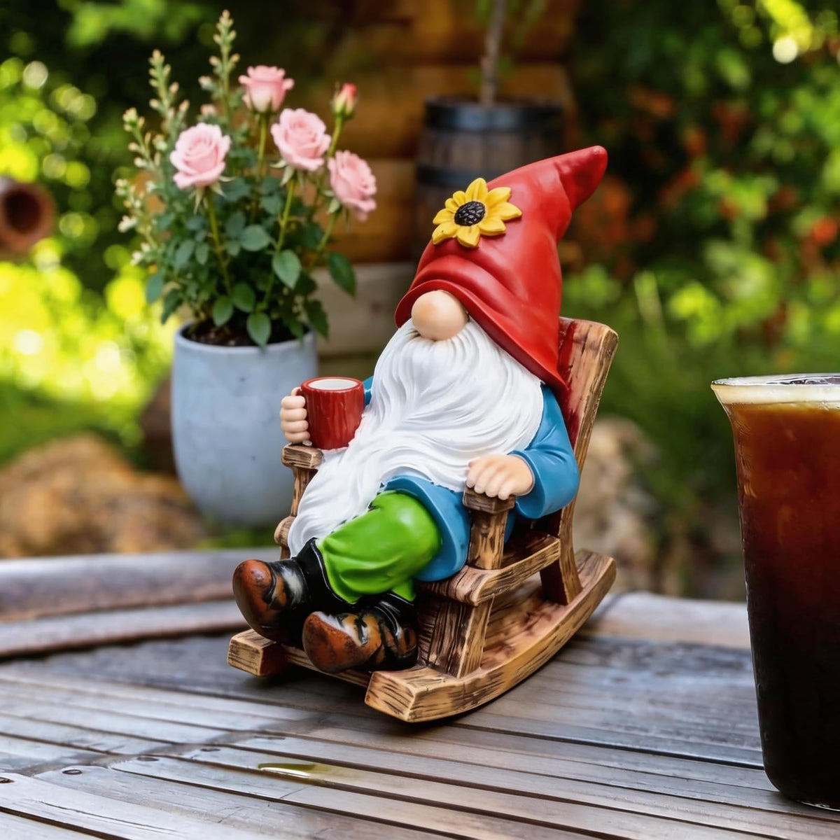 Somdzono gnome along a path adds whimsical welcome for guests.