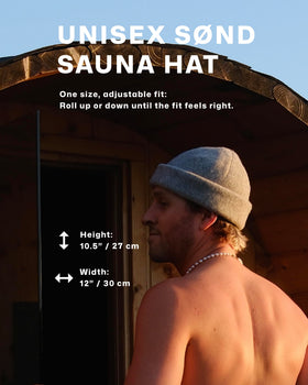 SØND sauna hat shows breathable merino wool material for comfort.