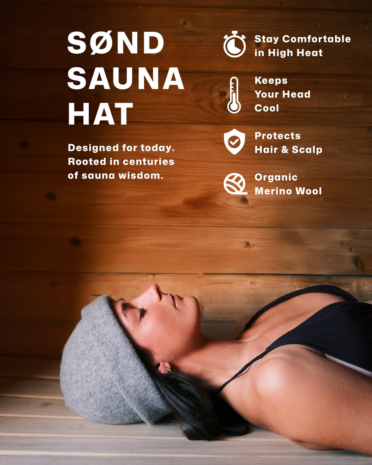 SØND merino wool hat protects hair from extreme sauna heat.