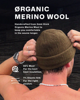 SØND sauna hat close-up shows high-elastic silk for a comfortable, adjustable fit.
