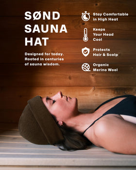 SØND sauna hat beside breathable travel pouch for on-the-go storage.