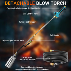 Sondiko propane torch with 10 ft hose enables mobile operation away from the tank.