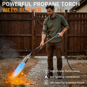 Sondiko weed burner shows detachable hose setup for flexible ground use.