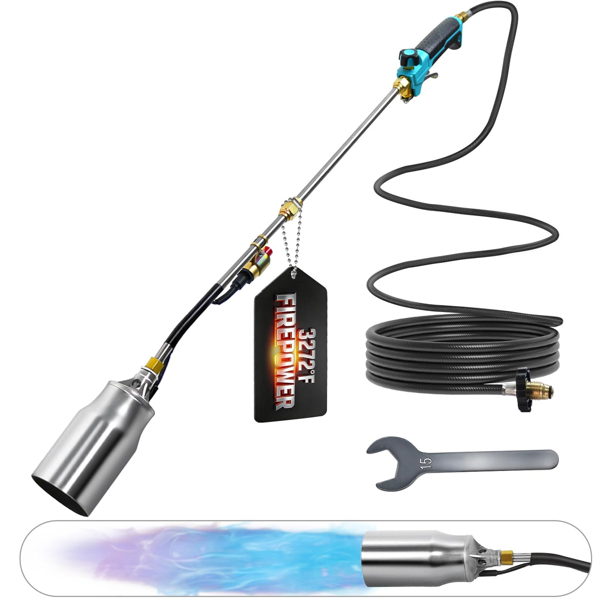Sondiko propane torch in long-reach weed burning configuration for outdoor weed control.