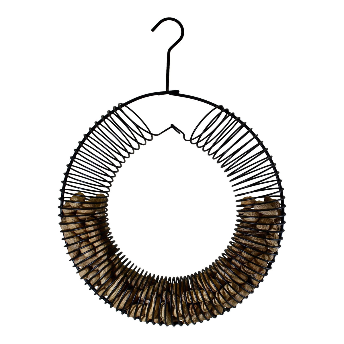 Songbird Essentials black wreath feeder hangs discreetly for wildlife.