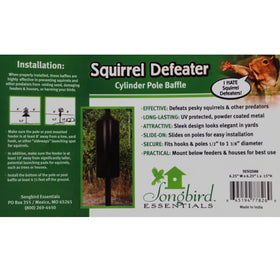 Songbird Essentials Squirrel Defeater cylinder baffle installed on pole, easy protection for your feeder.