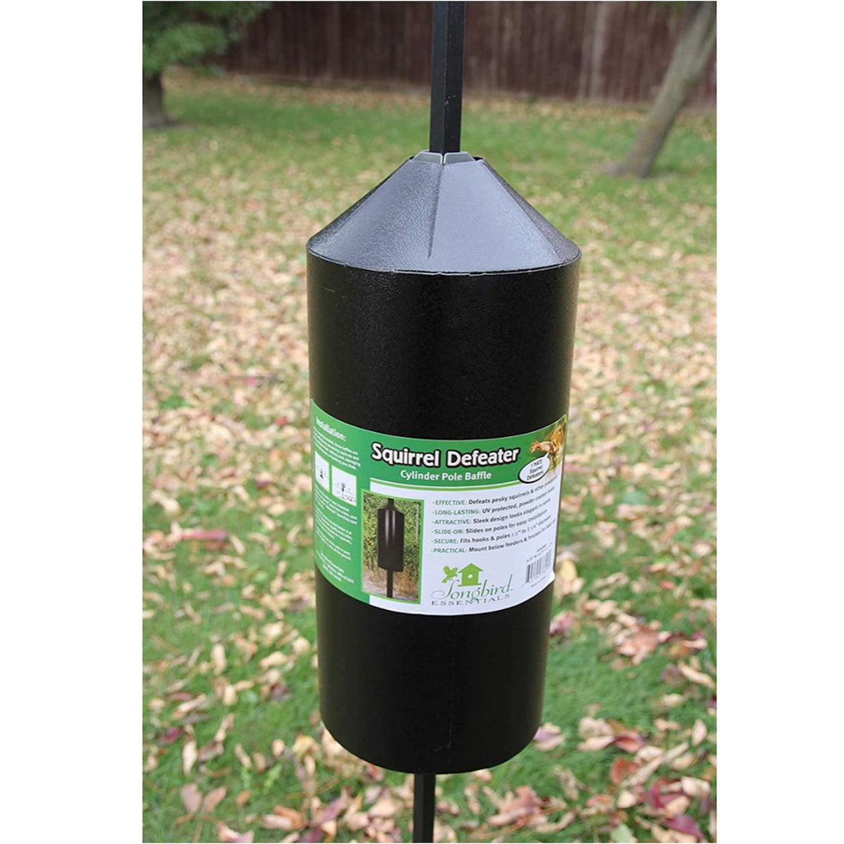 Songbird Essentials Squirrel Defeater 6-inch diameter, 15-inch height, compact protection for outdoor feeders.