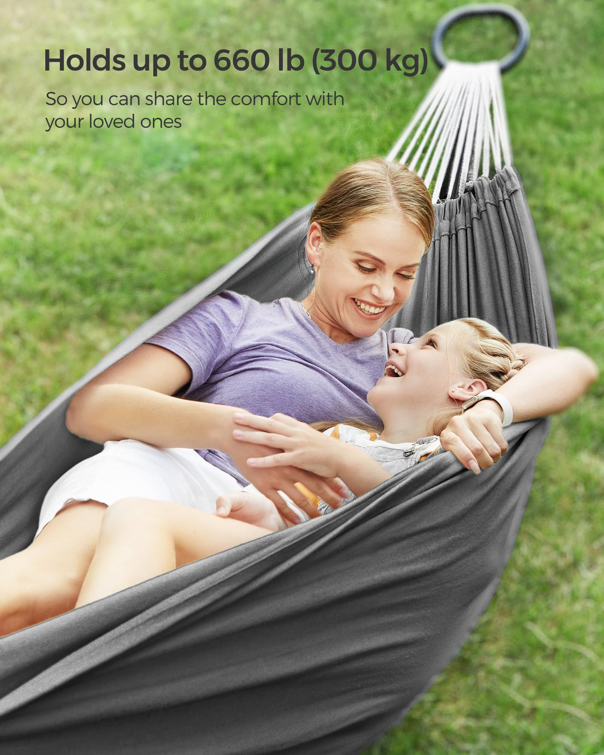 Songmics double hammock showing 660 lb capacity in use
