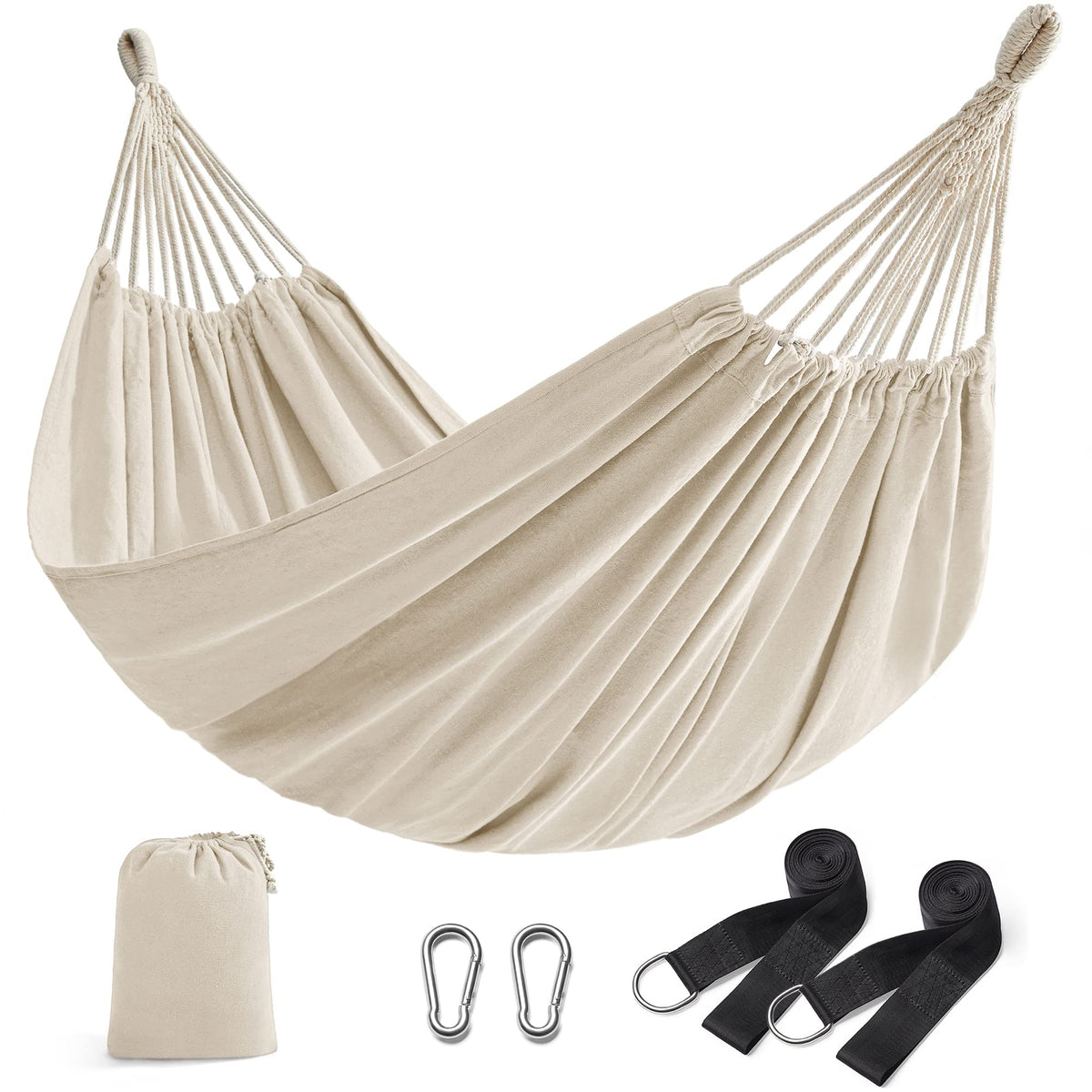 SongMics double hammock beige in a garden setup for outdoor relaxation.