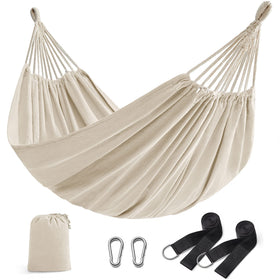 SongMics double hammock beige in a garden setup for outdoor relaxation.