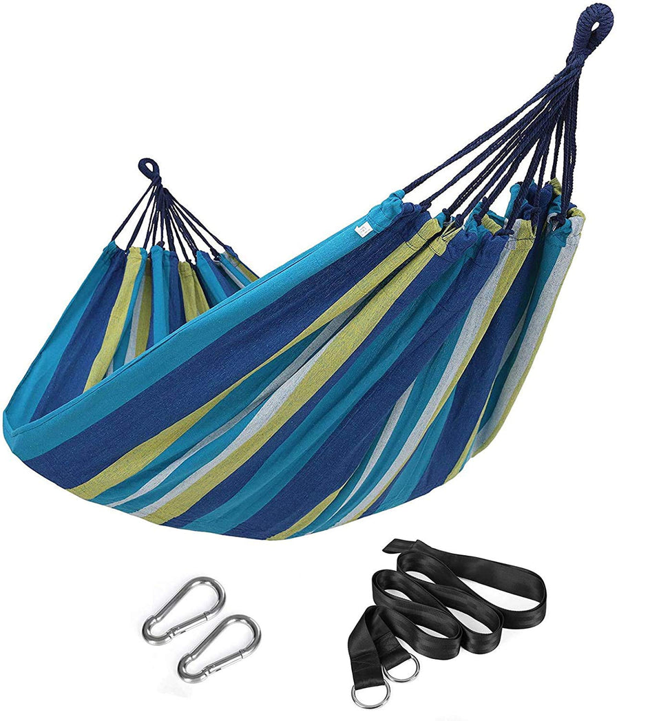 SONGMICS double hammock blue-yellow stripes setup between trees for easy outdoor lounging