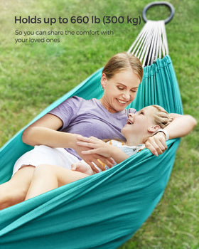 SONGMICS double hammock turquoise-fabric-closeup highlights soft cotton-poly blend