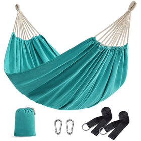 SONGMICS double hammock turquoise-packed shows portable setup for outdoor trips