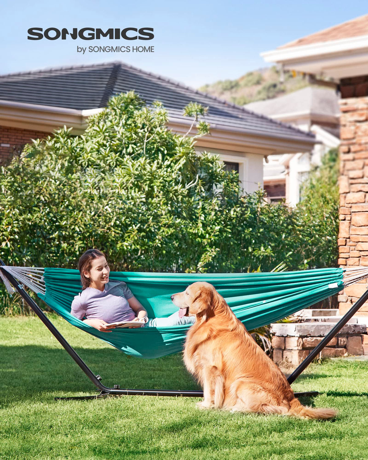 SONGMICS double hammock turquoise-setup-in-garden enables easy outdoor lounging