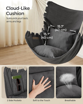 Songmics hammock chair pockets side view highlighting convenient storage for water and books.