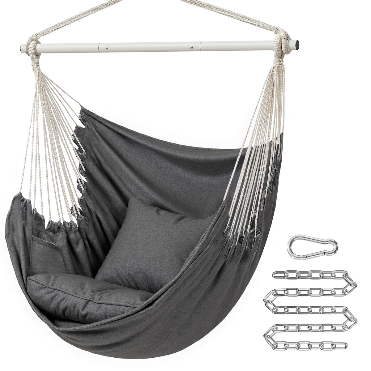 Songmics hammock chair slate gray front view with a sturdy frame for safe outdoor lounging.