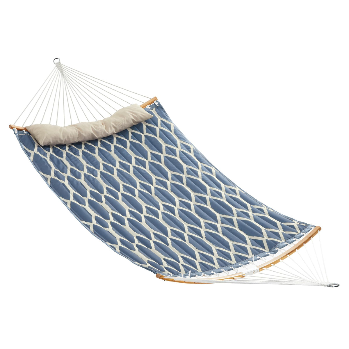 Songmics Hammock double quilted blue fully set up for outdoor relaxation.