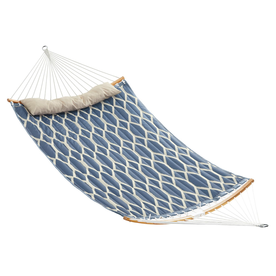 Songmics Hammock double quilted blue fully set up for outdoor relaxation.