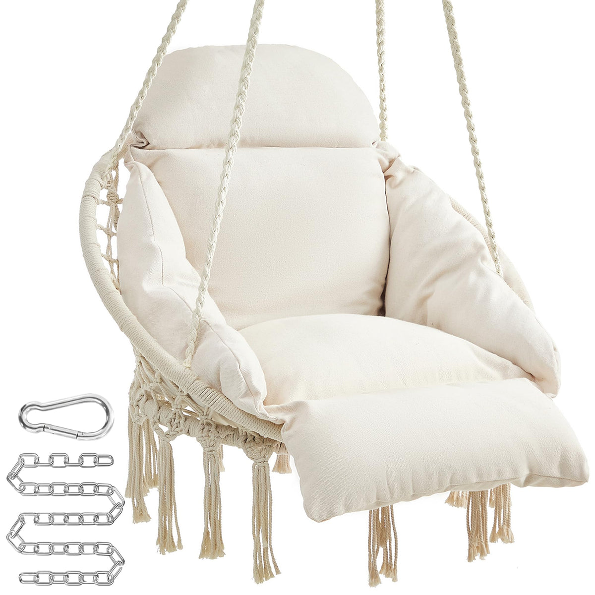 Songmics hanging chair cream-white cushion for cozy lounging.