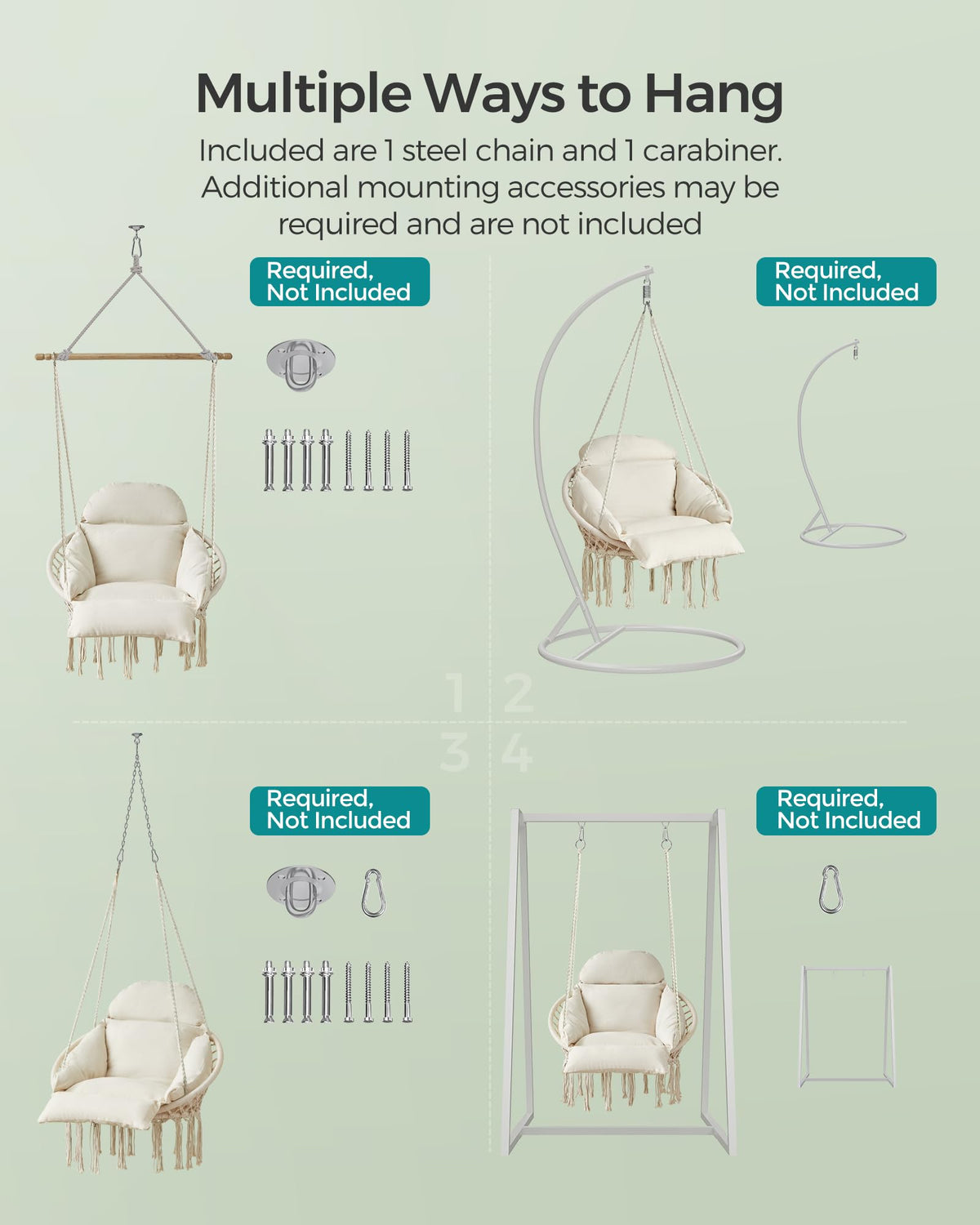 Songmics hanging chair versatile mounting for ceilings, frames, or spreads.
