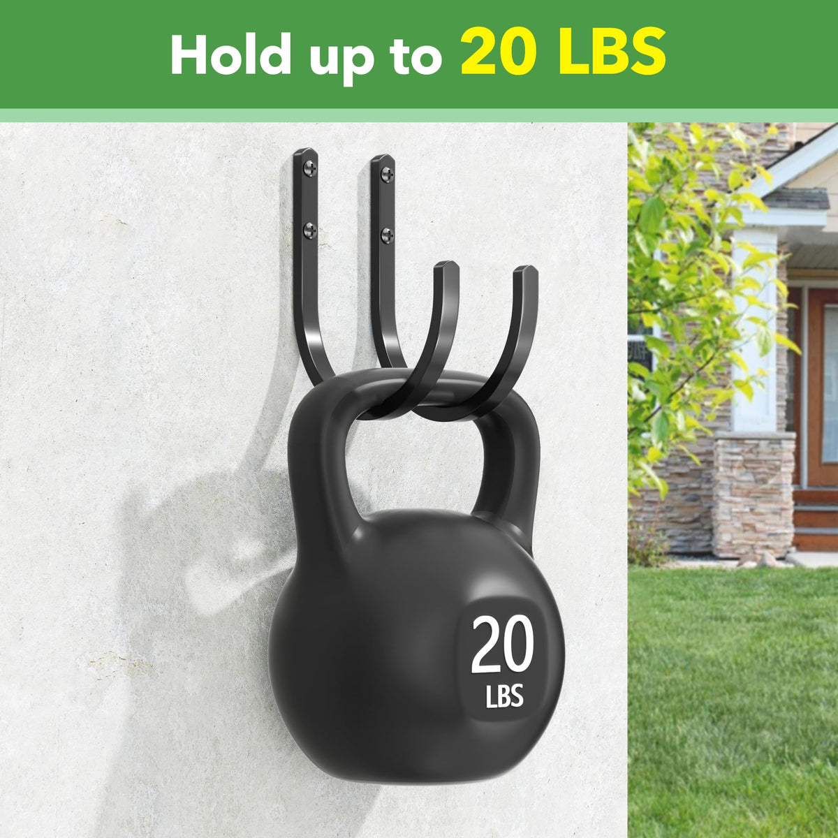 Songsoso space-saving holder frees ground space for yard projects and outdoor tools.