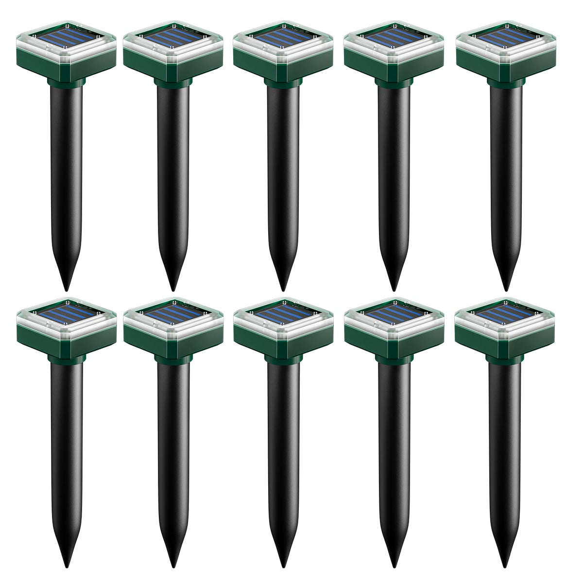 SonicPulse mole deterrent stake protects a sunlit lawn from burrows