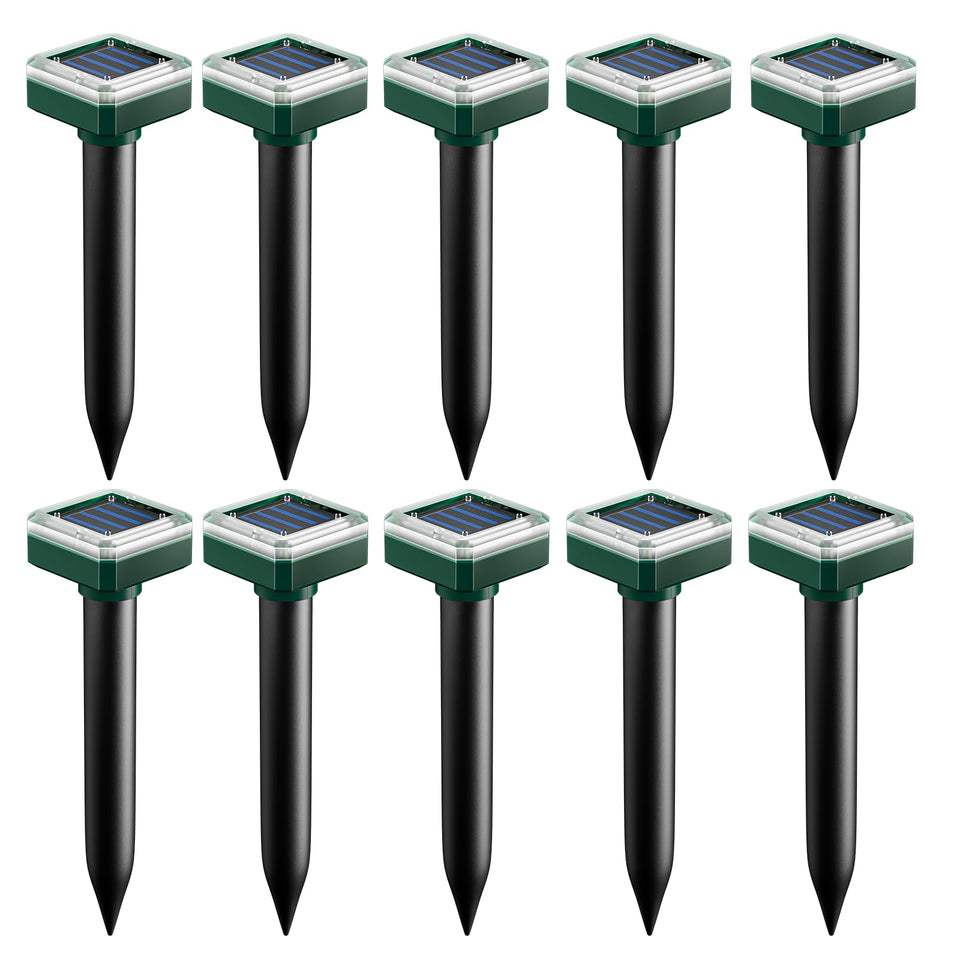 SonicPulse mole deterrent stake protects a sunlit lawn from burrows
