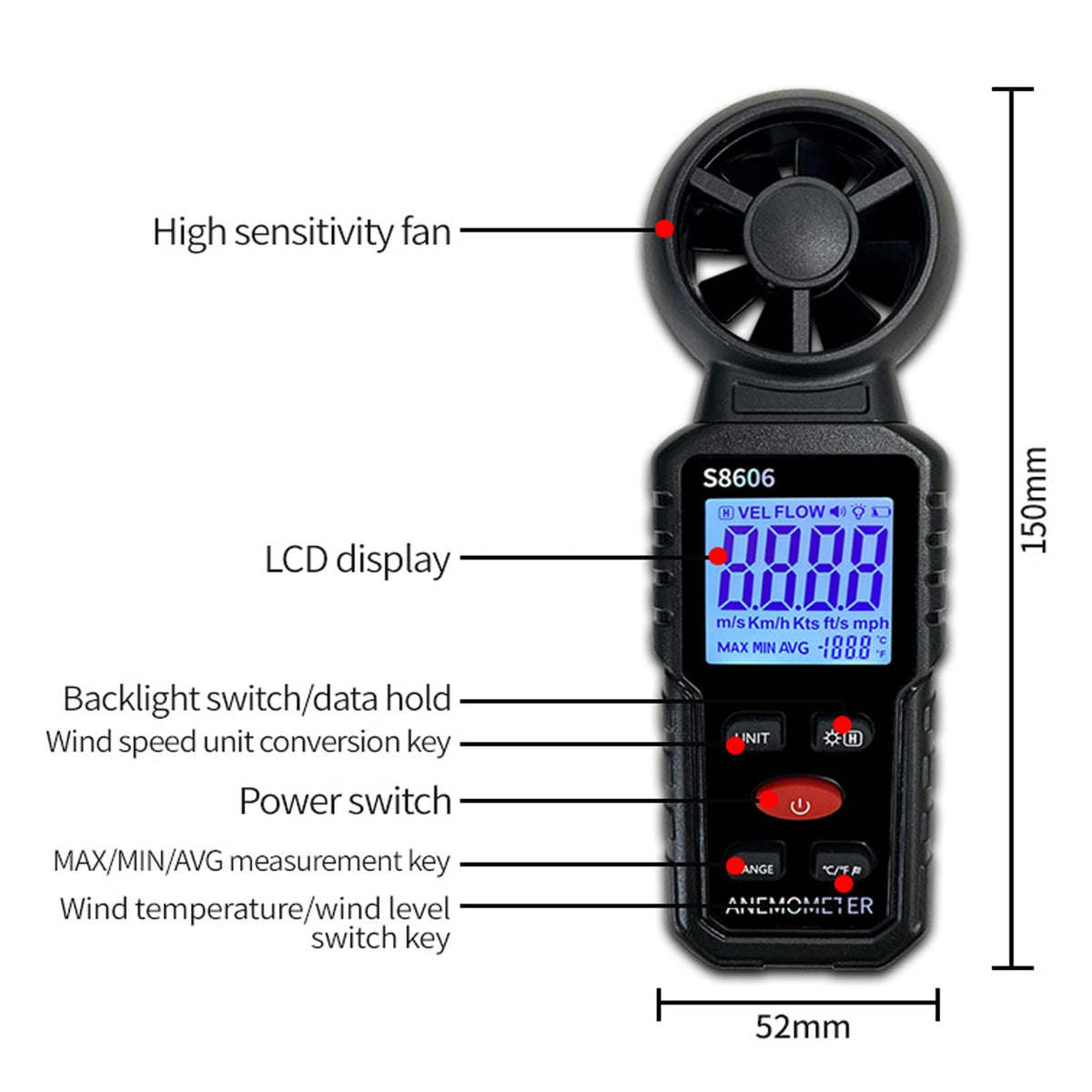 Soonkoda digital LCD anemometer showing wind level for weather and field monitoring