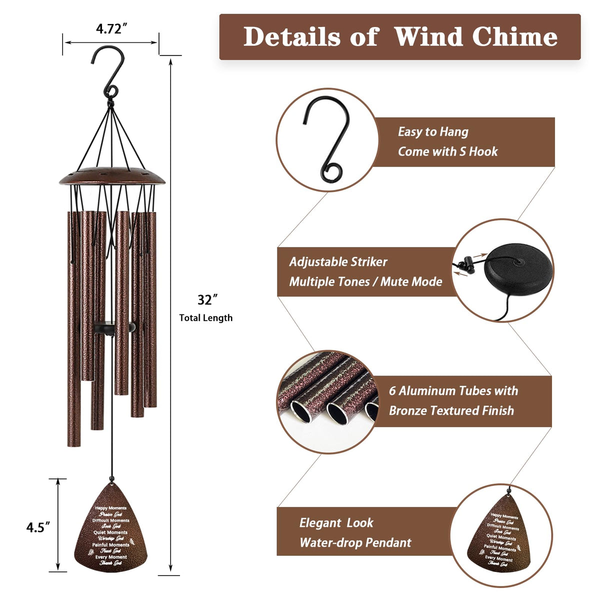 Soopau 32-inch wind chime for indoor or outdoor spaces with tranquil sound