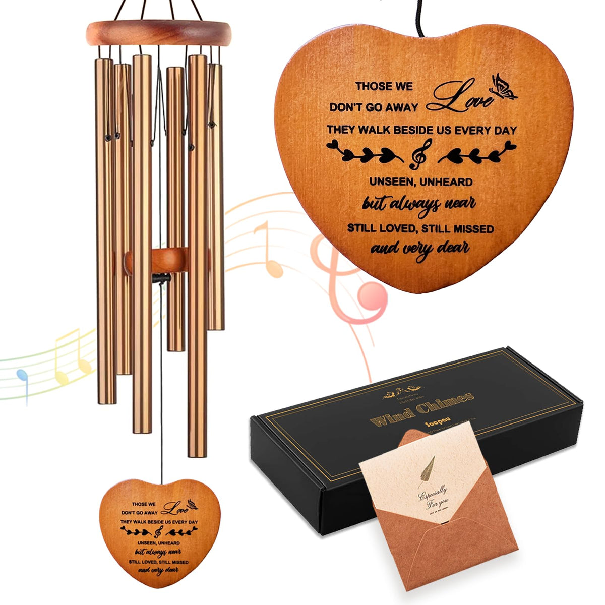 Soopau sympathy wind chime with heart pendant for peaceful remembrance.