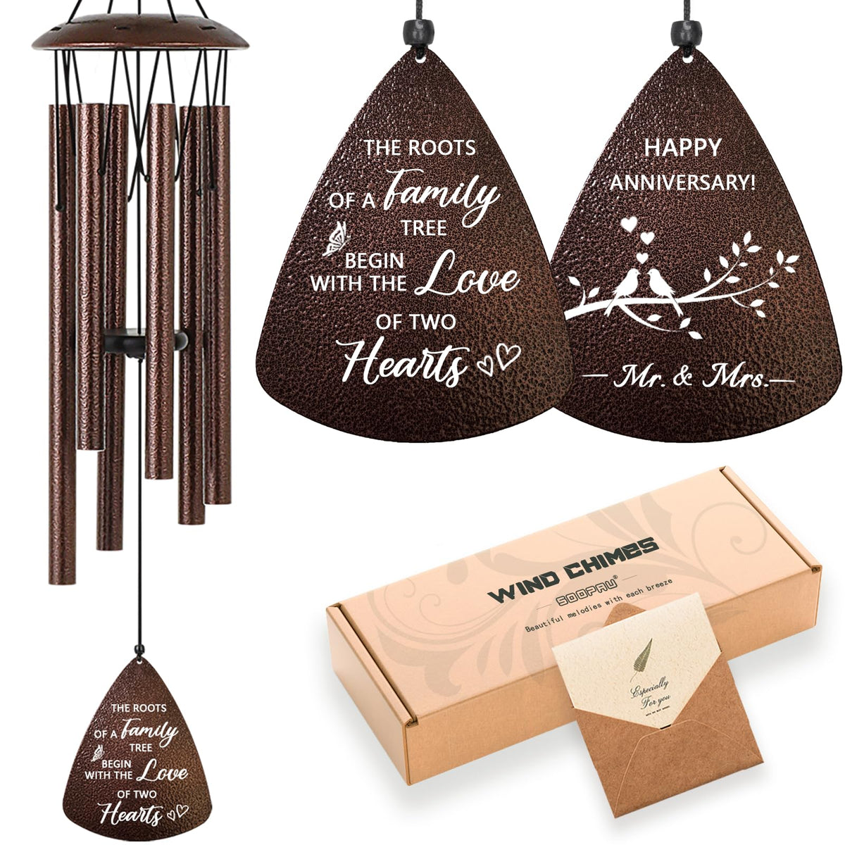 Soopau 32-inch bronze wind chimes enhance outdoor anniversary ambience.