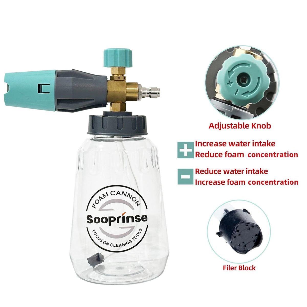 Sooprinse foam cannon adjustable nozzle delivers dense foam for thorough washing.