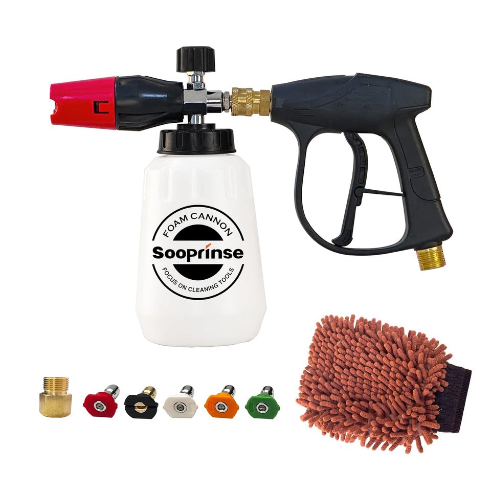 Sooprinse foam cannon kit with dense foam for effortless dirt removal.