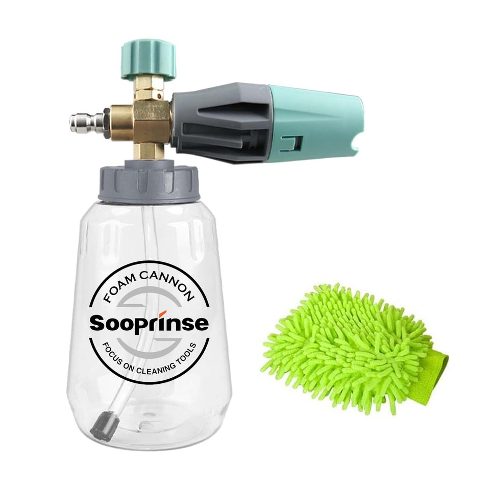 Sooprinse foam cannon with a transparent body shows liquid level clearly for monitoring.
