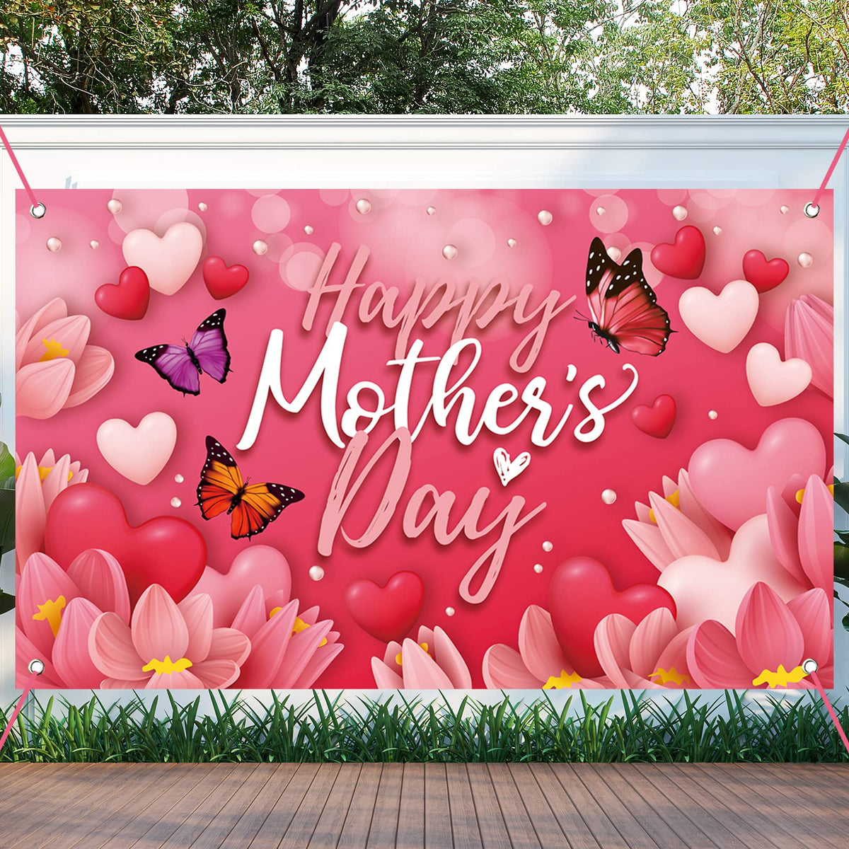 Sophena Mother's Day banner for outdoor decor with vibrant pink hearts and flowers.