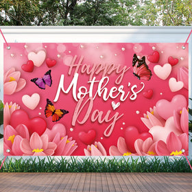 Sophena Mother's Day banner for outdoor decor with vibrant pink hearts and flowers.