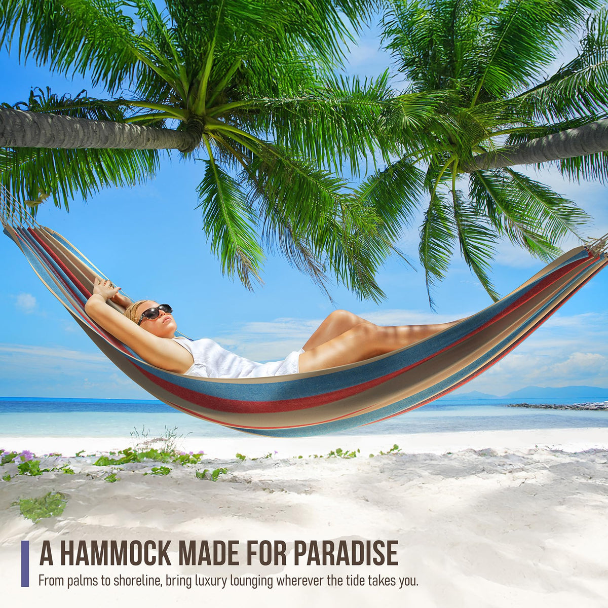 Sorbus Brazilian Double Hammock in use; easy hanging setup in any space
