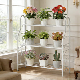 SORCEDAS corner-display plant stand fits neatly in a corner for lush arrangements.