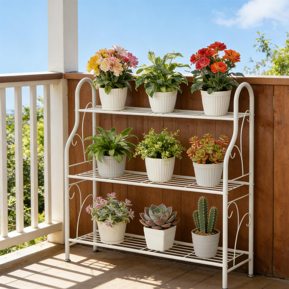 SORCEDAS outdoor-indoor plant stand patio display demonstrates space-saving versatility.