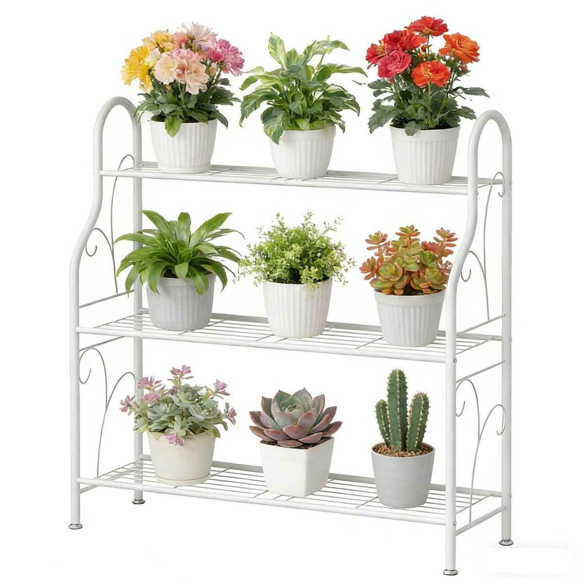 SORCEDAS 3-tier plant stand assembly shows sturdy metal construction for indoor and outdoor use.